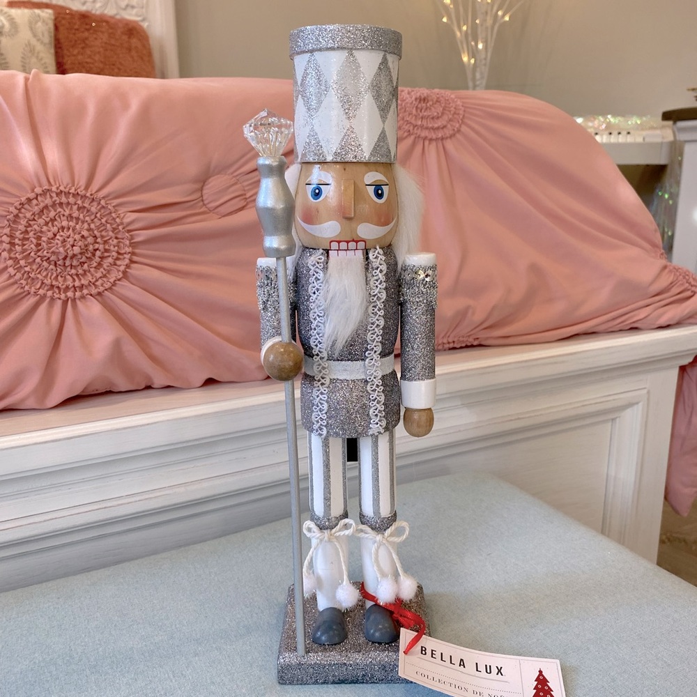 FINAL PRICE - Bella Lux White and Silver Wooden Nutcracker with Gem Staff